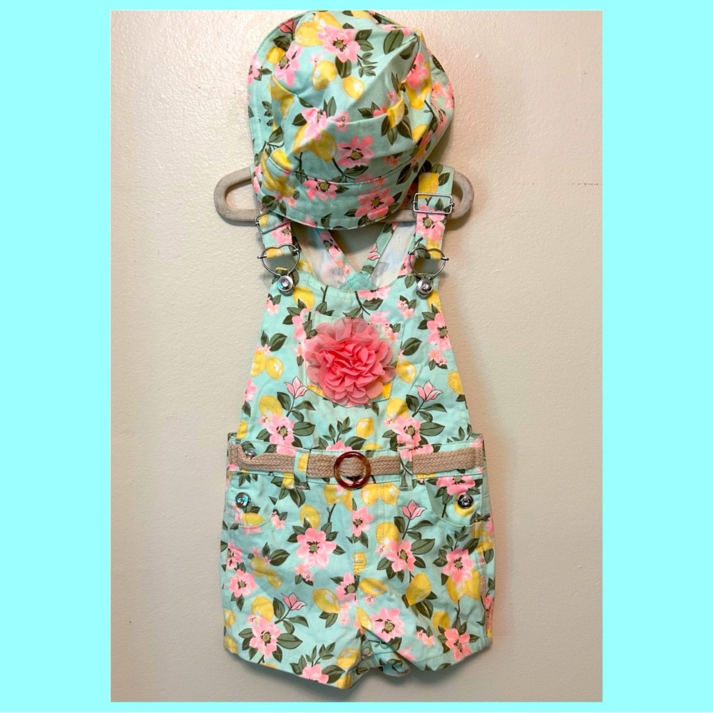 Floral Kids Overalls & Hat Set with Pink Accents